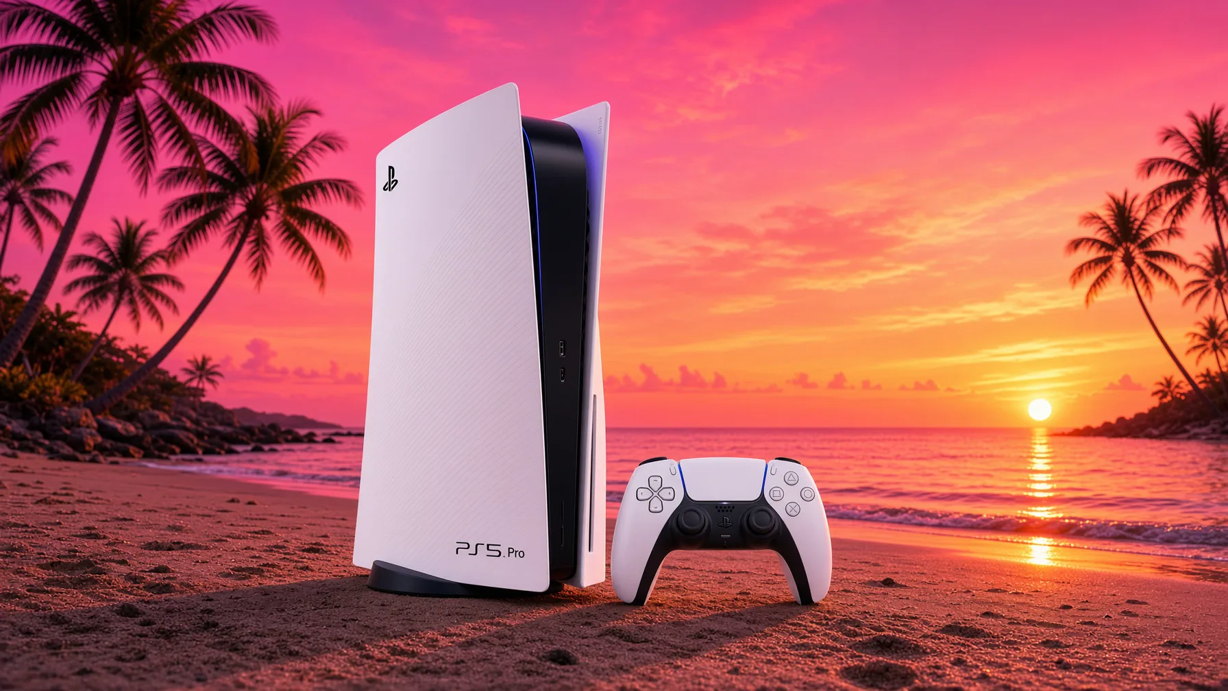 PS5 Pro console and controller on a sunset beach